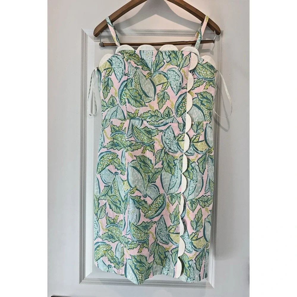 Lilly Pulitzer Sz 10 Scalloped Shift Dress Pink Green Leaf Print Coastal Resort - Picture 2 of 10